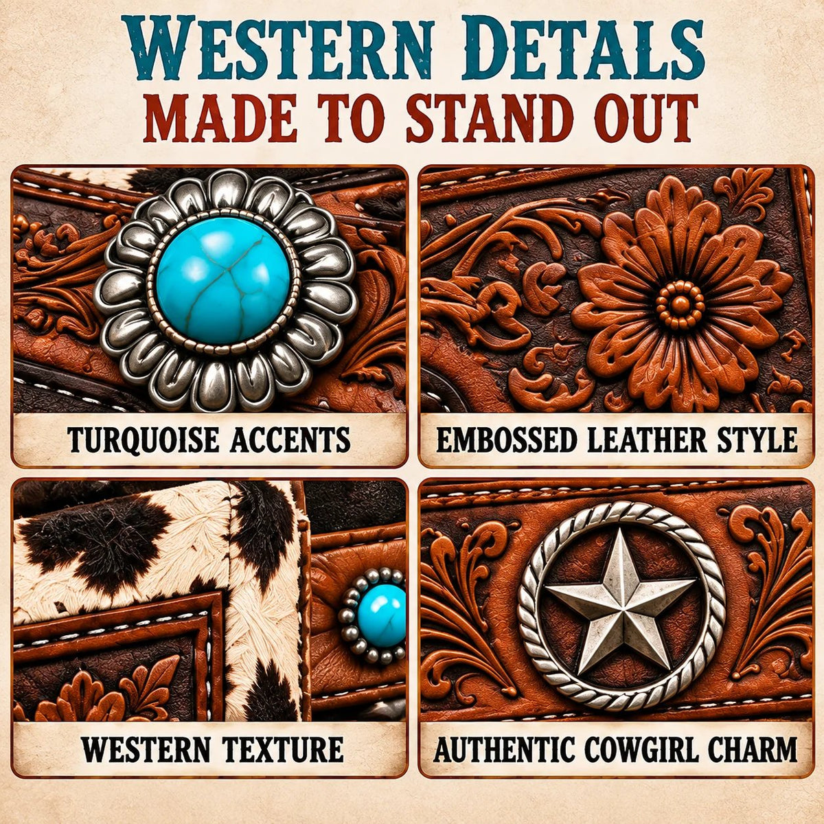 Close-up detail panels of turquoise cabochon, embossed leather pattern, cowhide texture and rope framed lone star