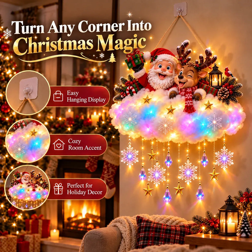 The lit cloud hanging decor draped over a corner garland in a cosy festive interior at night
