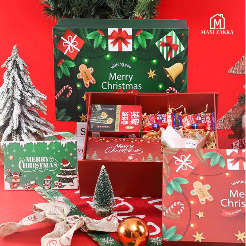 Ready Stock Christmas Premium Solid Hard Gift Box with Raffia Card Ribbon Gift Packaging Magnetic Folding Xmas