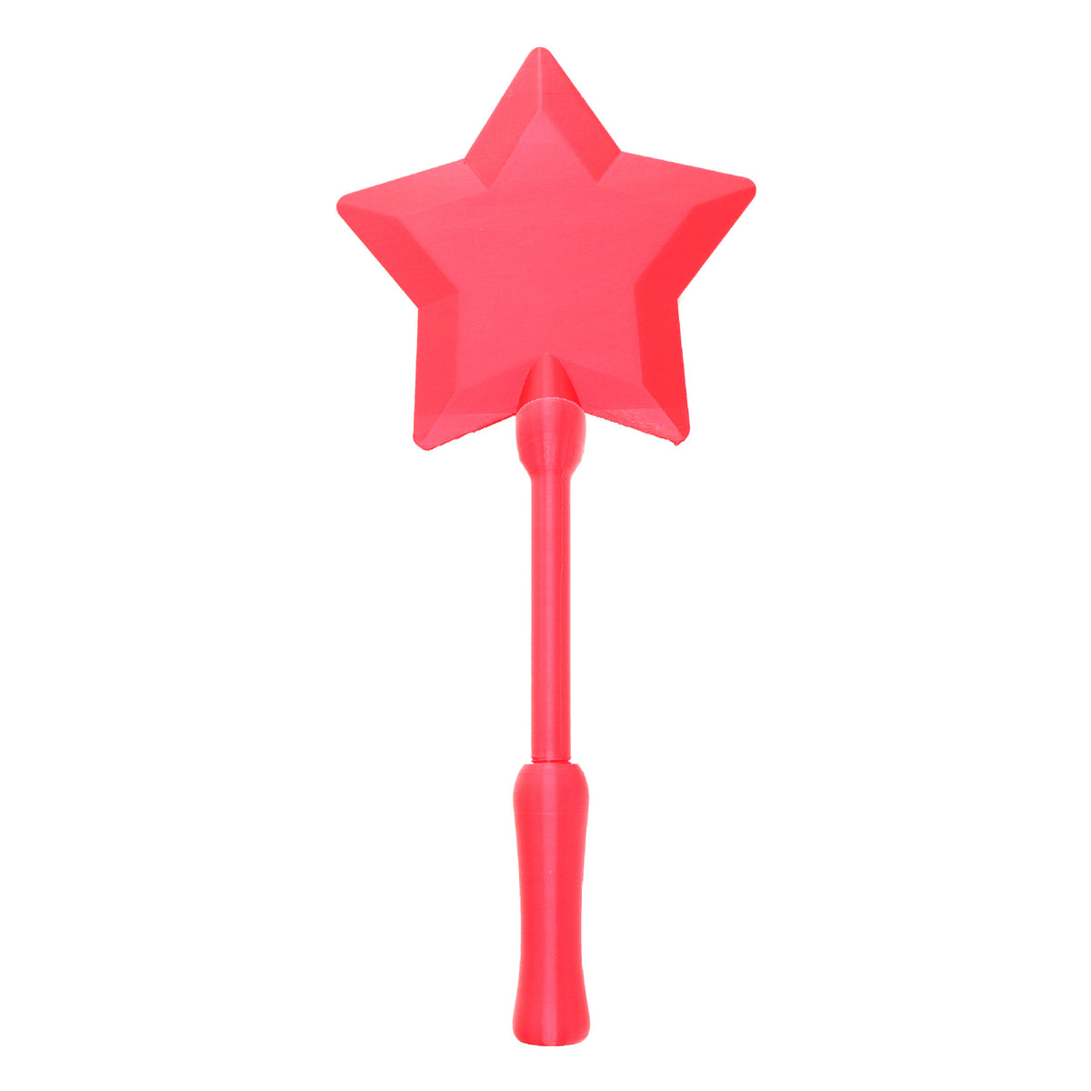 A wand card holder topped with a red five point star, with a solid red handle