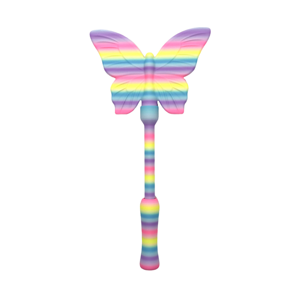 A wand card holder topped with a butterfly in a pastel rainbow gradient, on a rainbow striped handle