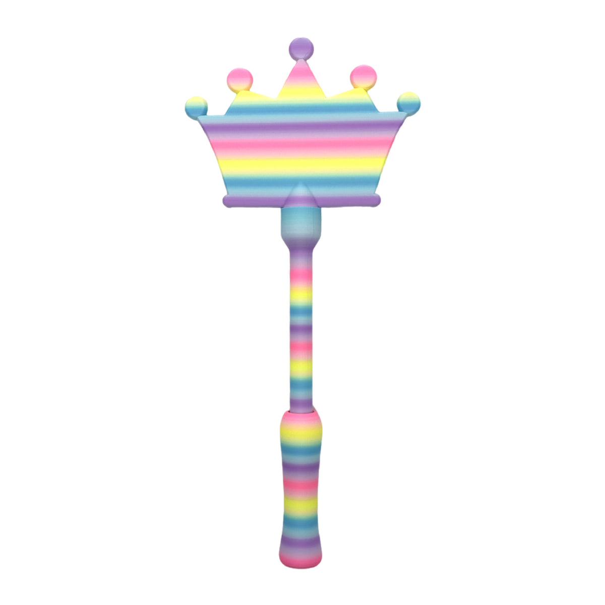 A wand card holder topped with a crown in a pastel rainbow gradient, on a rainbow striped handle