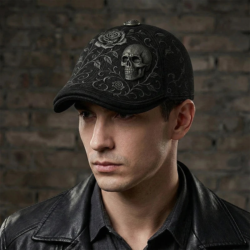 💀Handcrafted Skull & Thorn Flat Cap🎁Buy 2 Free Shipping - BLACK