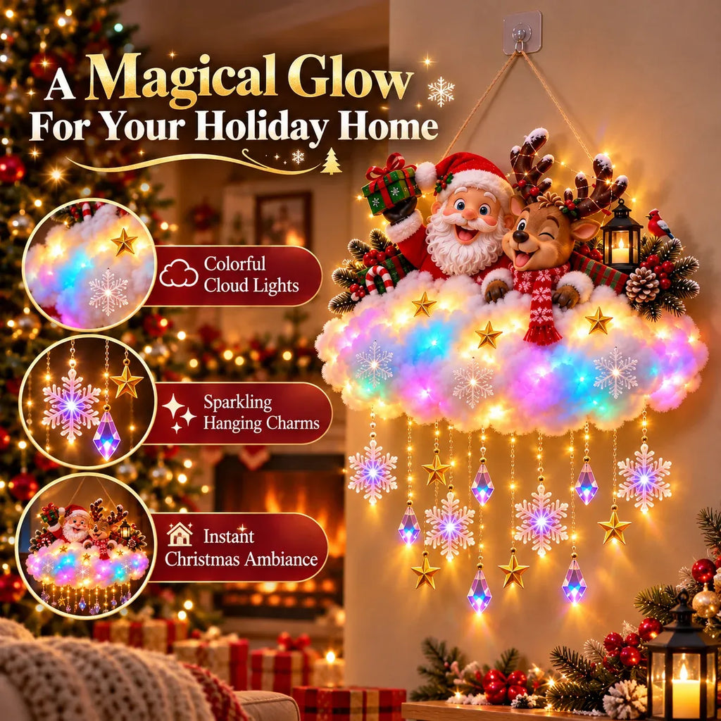 The flocked Santa cloud decor glowing warmly at night, soft light spilling over a cosy room