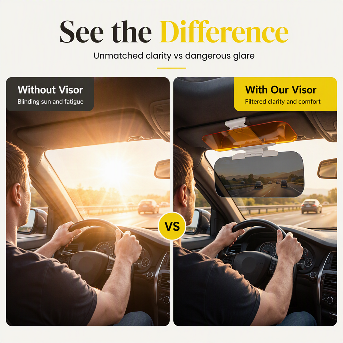 Side by side of the same road with and without the visor, showing the glare removed