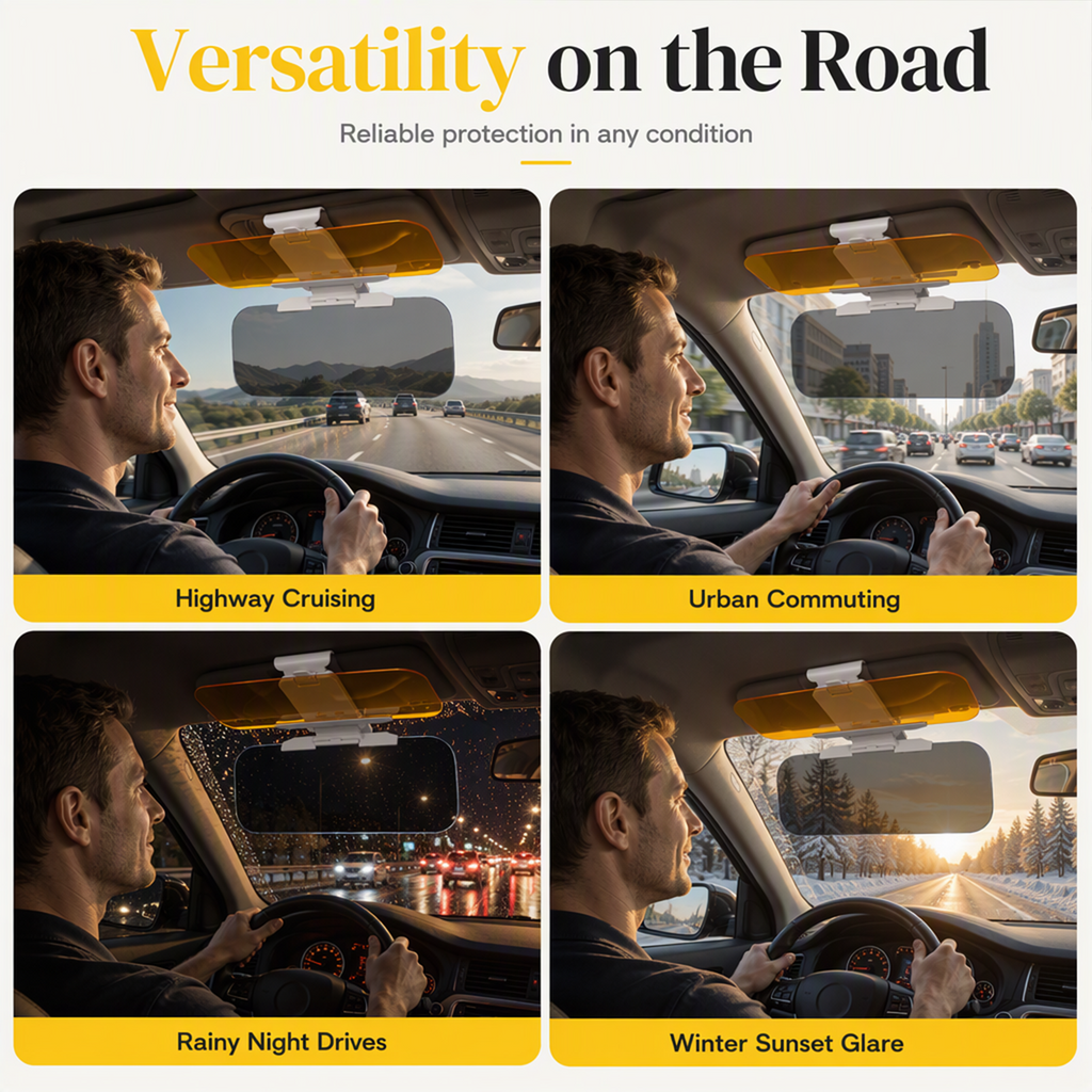 Four driving conditions: highway cruising, urban commuting, rainy night drives and winter sunset glare