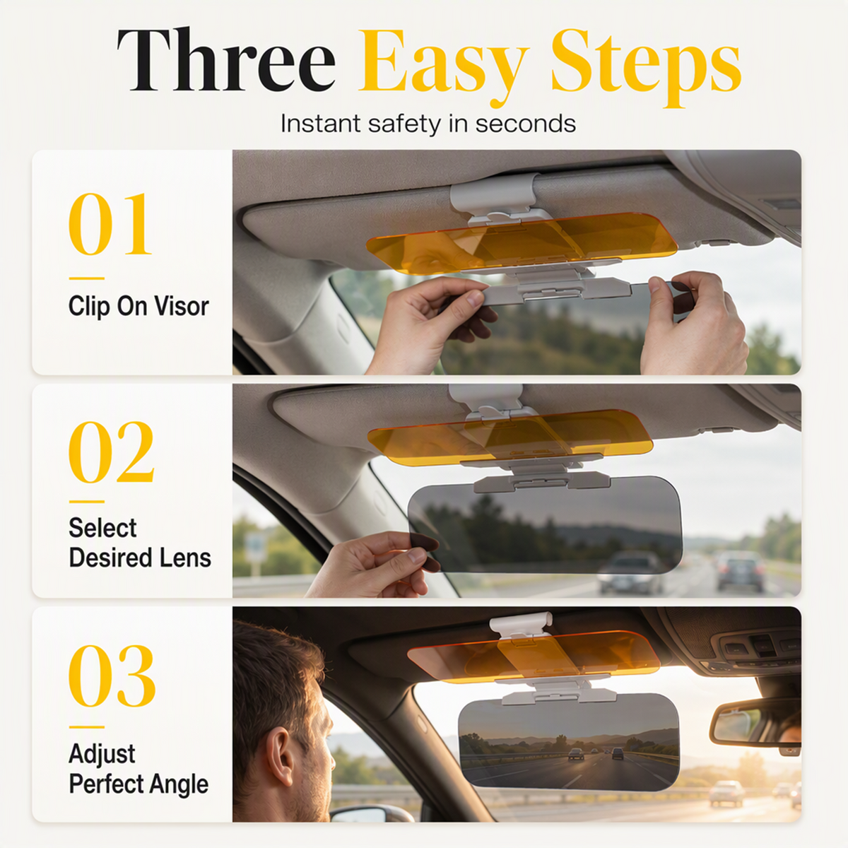 Three steps: clip on the visor, select the lens, adjust the angle