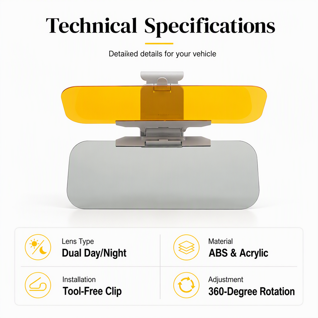 Technical specifications of the visor: dual day and night lens, ABS and acrylic, tool-free clip, 360 degree rotation