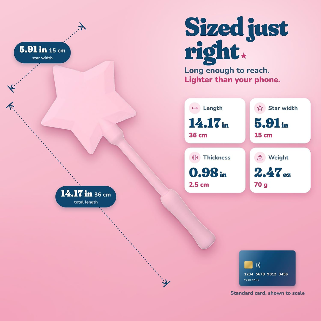 The wand measured against dashed lines: 14.17 inches or 36 cm total length, 5.91 inches or 15 cm across the head, 0.98 inches thick and 2.47 ounces in weight