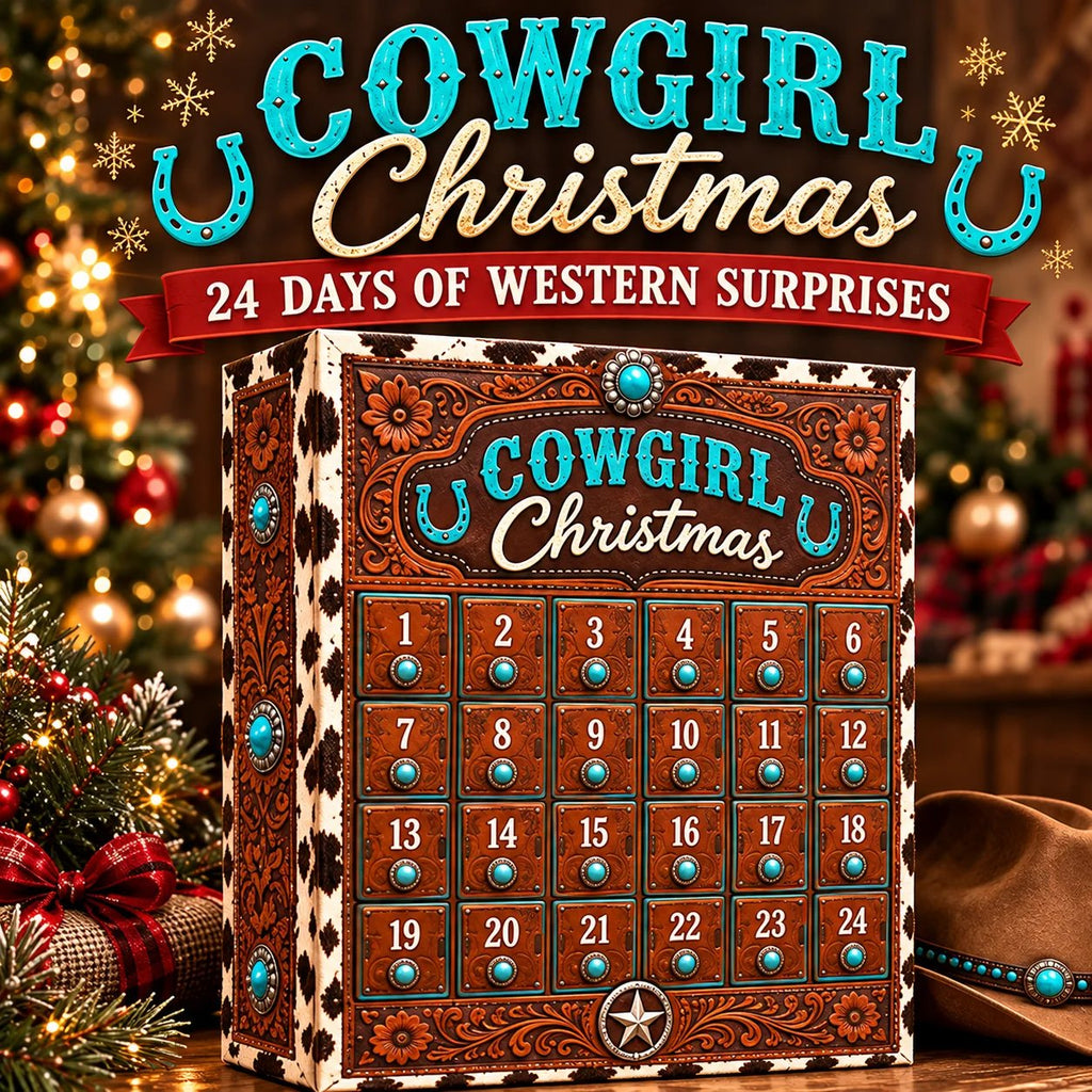 Cowgirl Christmas 24-day countdown calendar with western tooled leather design and turquoise stones beside a Christmas tree and cowboy hat