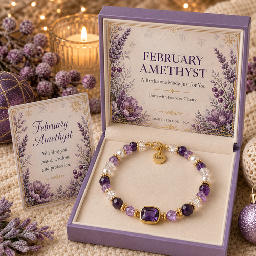 February Amethyst birthstone bracelet with purple faceted beads, pearl-style accents, gold-tone spacers and a Peace word charm