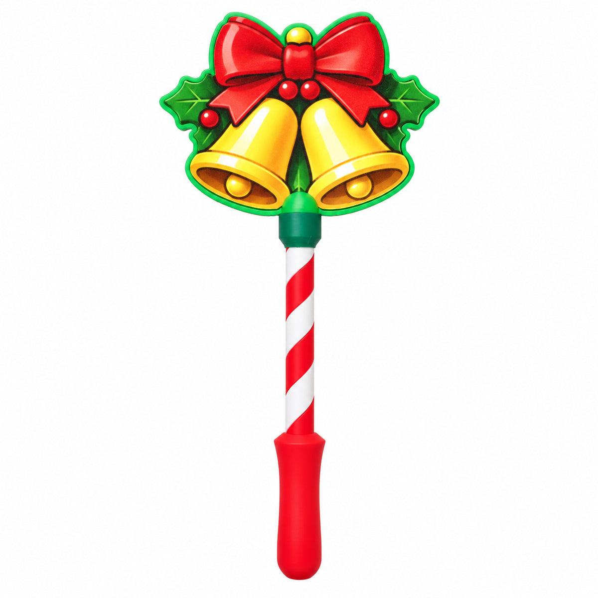 A wand card holder topped with two golden bells tied with a red bow, on a red and white striped handle