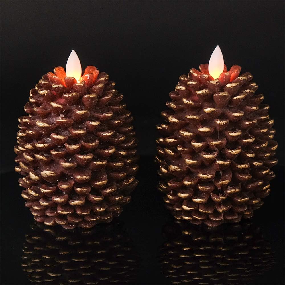 Wondise Pine Cone Flameless Flickering Candles with 6H Timer | Battery Operated Led Candles Real Wax Flicering Flame for Christmas Thanksgiving Fall Decor, Set of 2(Brown, 3.5 x 4.7 Inch)