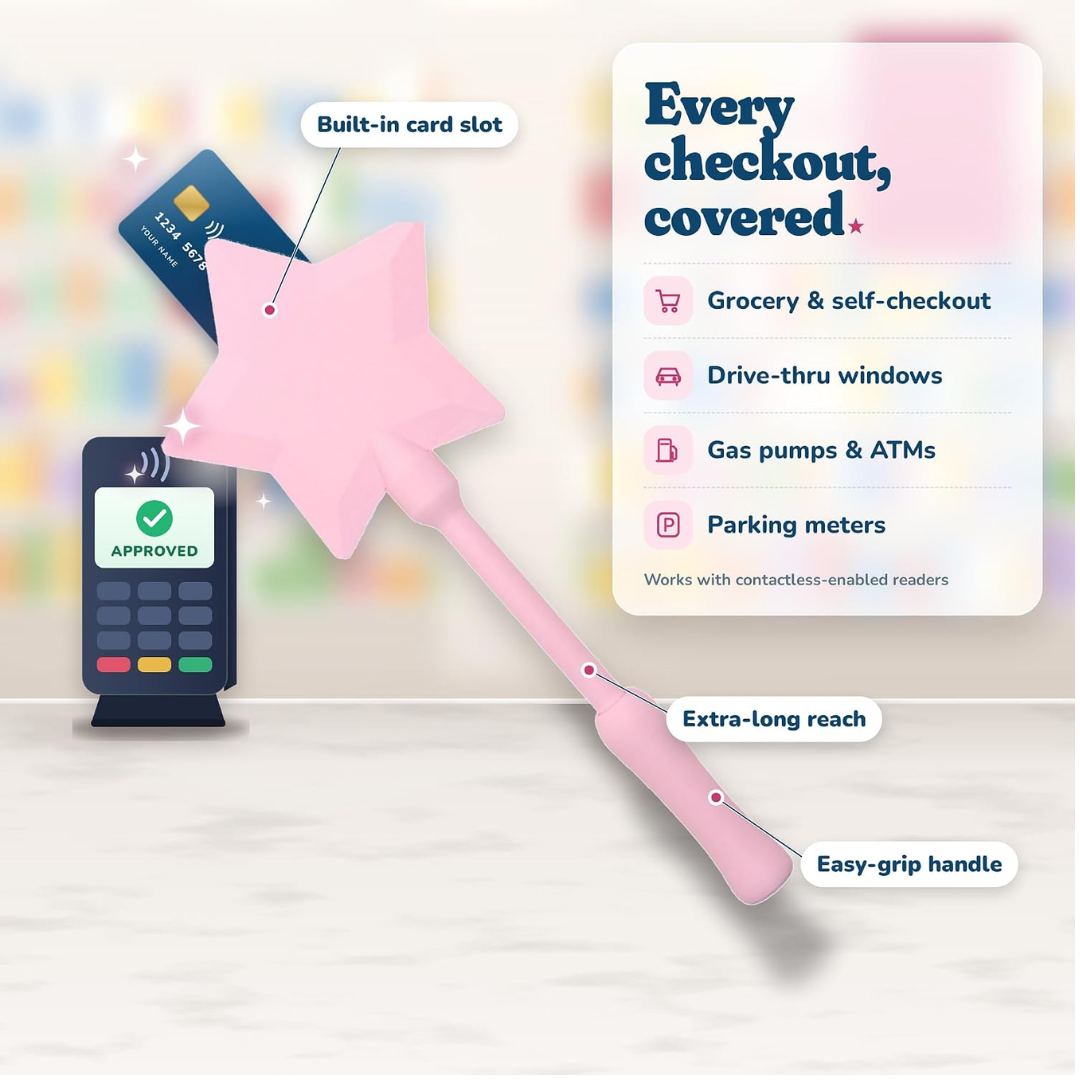 The wand touching a card terminal with an approved message on screen, plus four labelled use cases: grocery and self-checkout, drive-thru windows, gas pumps and ATMs, parking meters