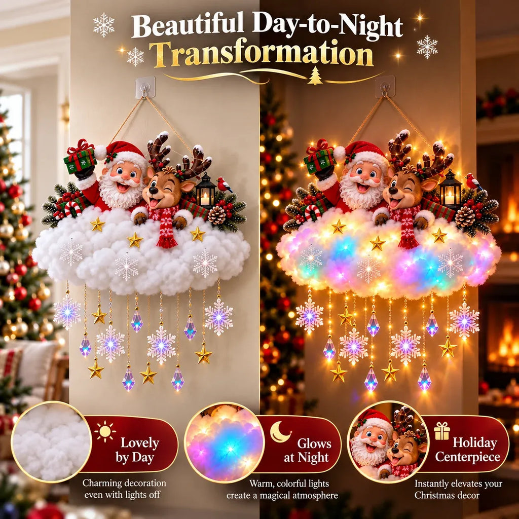 The cloud decor shown unlit as soft white flocking and then lit with a warm golden glow after dark