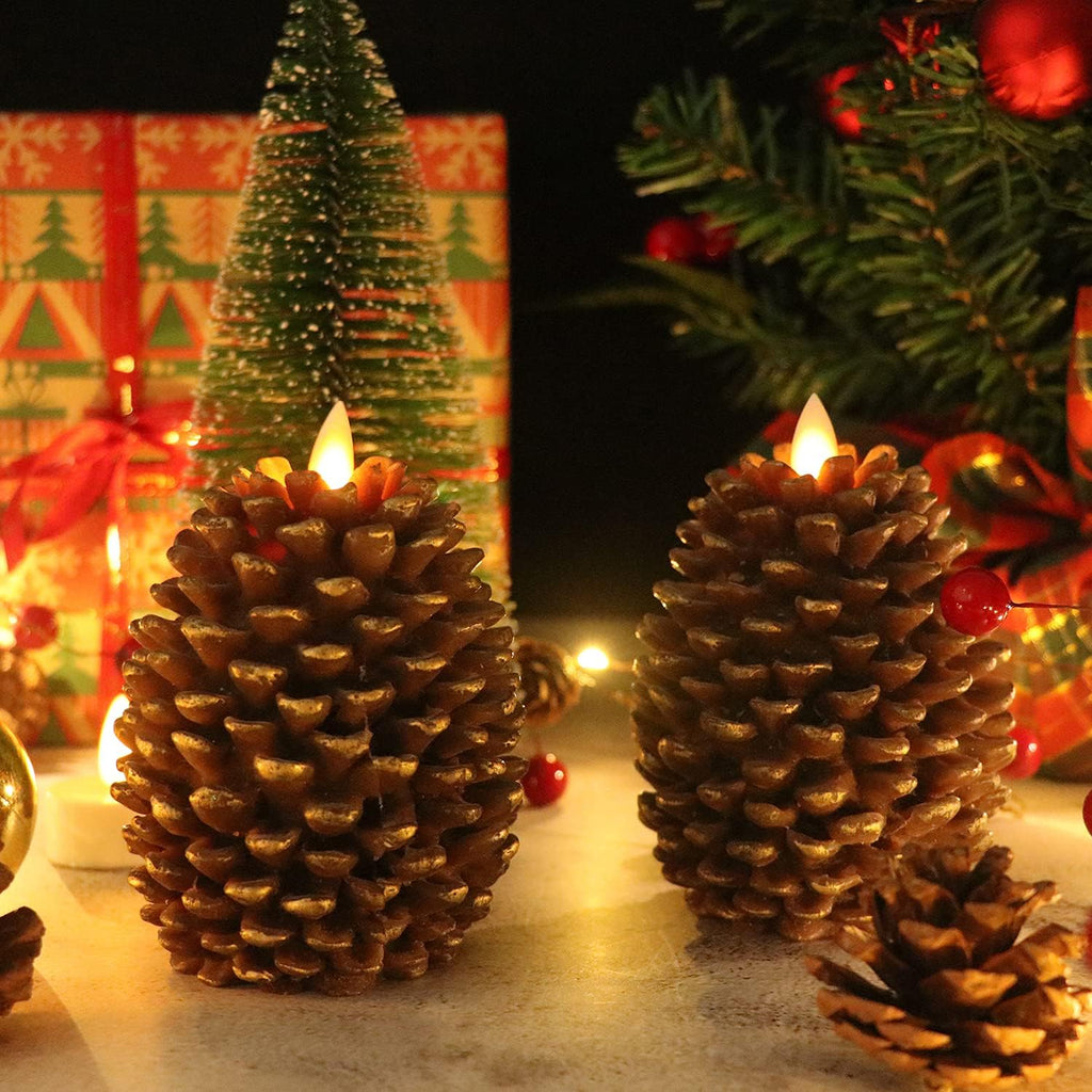 Wondise Pine Cone Flameless Flickering Candles with 6H Timer | Battery Operated Led Candles Real Wax Flicering Flame for Christmas Thanksgiving Fall Decor, Set of 2(Brown, 3.5 x 4.7 Inch)