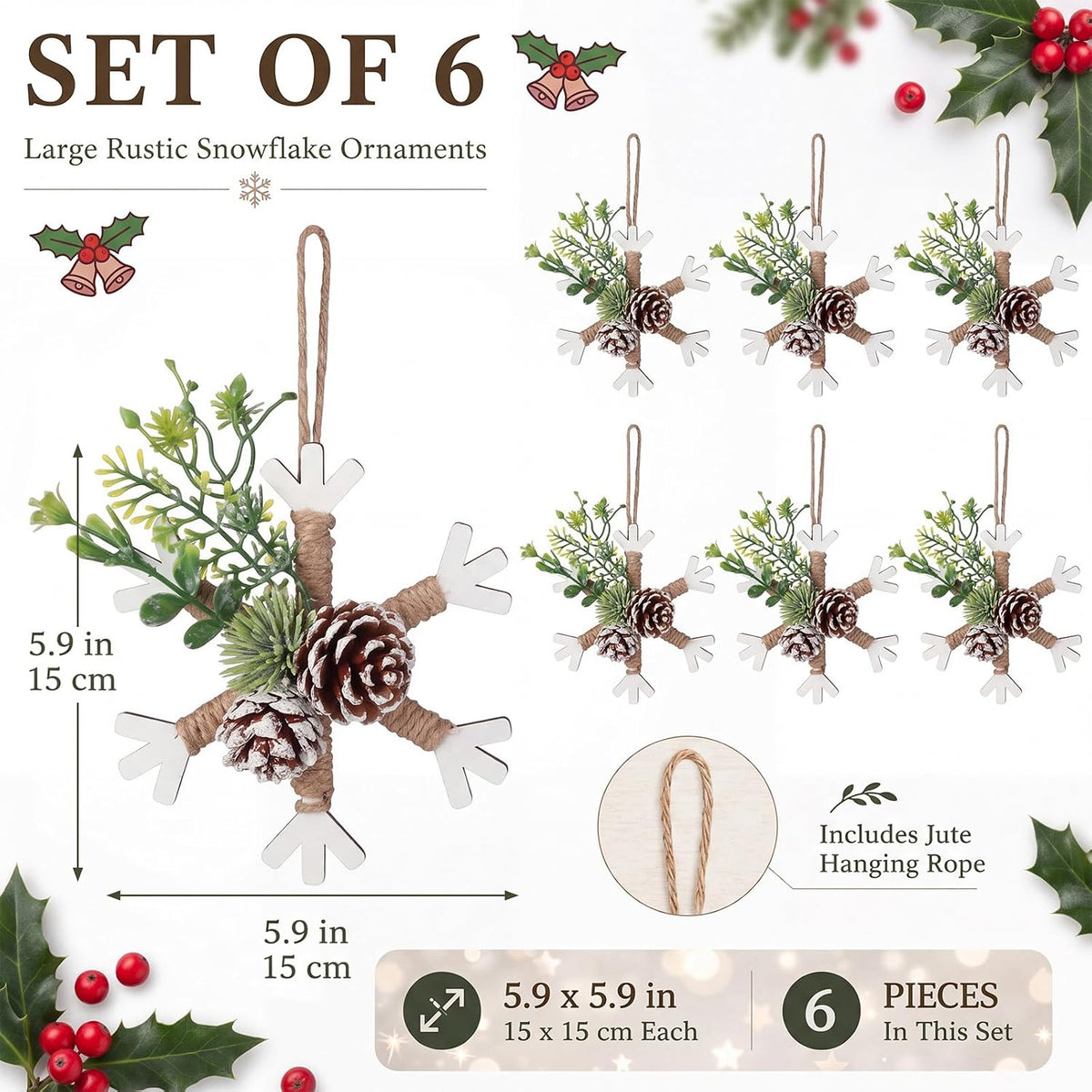 Yalikop 6 Pcs Large 5.9'' Christmas Snowflake Ornaments Rustic Wooden Decor | Farmhouse Snowflake Hanging with Pine Cone Mixed Greenery and Hemp Rope Xmas Decorations for Xmas Tree Mantle Fireplace
