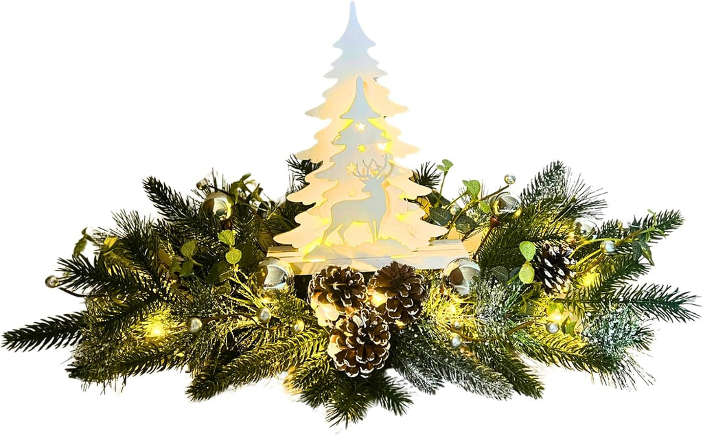 Svndlyn Silver White Pre-Lit Christmas Centerpiece with Woodland Scene | 20 Warm White LEDs, Timer, Frosted Pinecones and Silver Ornaments for Dining Table, Mantel or Console Display