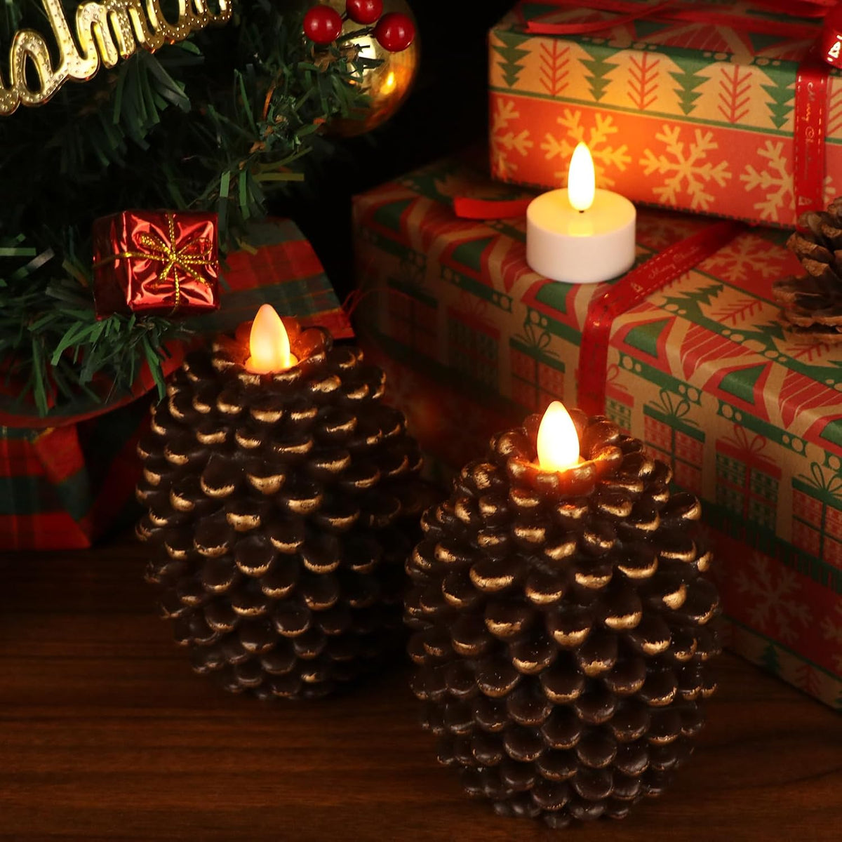 Wondise Pine Cone Flameless Flickering Candles with 6H Timer | Battery Operated Led Candles Real Wax Flicering Flame for Christmas Thanksgiving Fall Decor, Set of 2(Brown, 3.5 x 4.7 Inch)