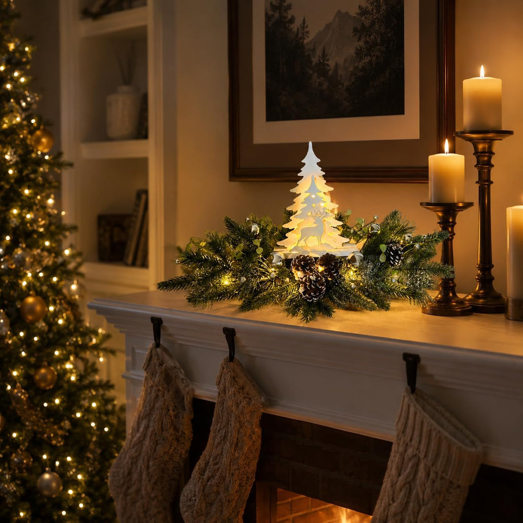 Svndlyn Silver White Pre-Lit Christmas Centerpiece with Woodland Scene | 20 Warm White LEDs, Timer, Frosted Pinecones and Silver Ornaments for Dining Table, Mantel or Console Display