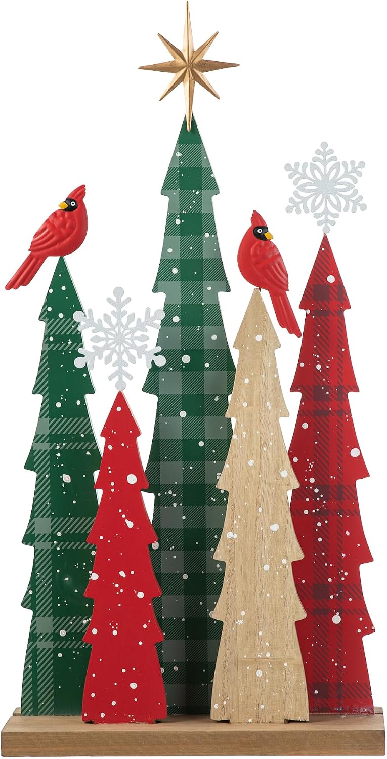 Glitzhome Wooden Christmas Tree Table Decor, 23.5H Rustic Winter Holiday Tabletop Decoration Scattered Forest Set with Cardinals, Snowflakes & North Star for Mantel, Desk, Shelf