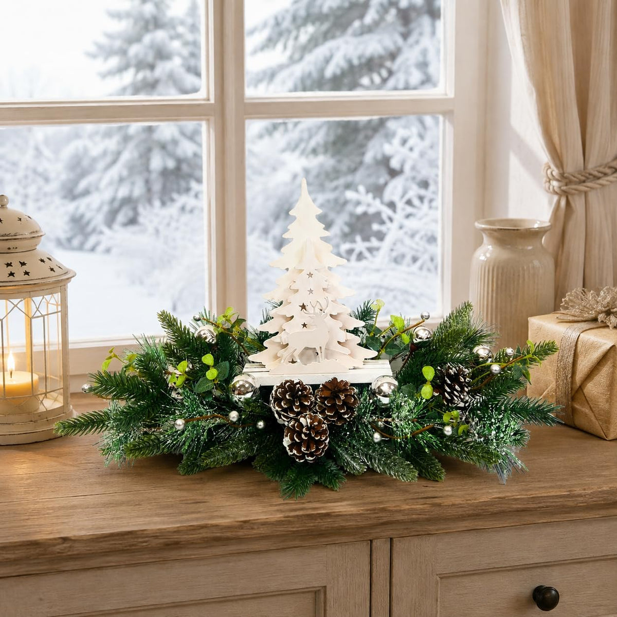 Svndlyn Silver White Pre-Lit Christmas Centerpiece with Woodland Scene | 20 Warm White LEDs, Timer, Frosted Pinecones and Silver Ornaments for Dining Table, Mantel or Console Display