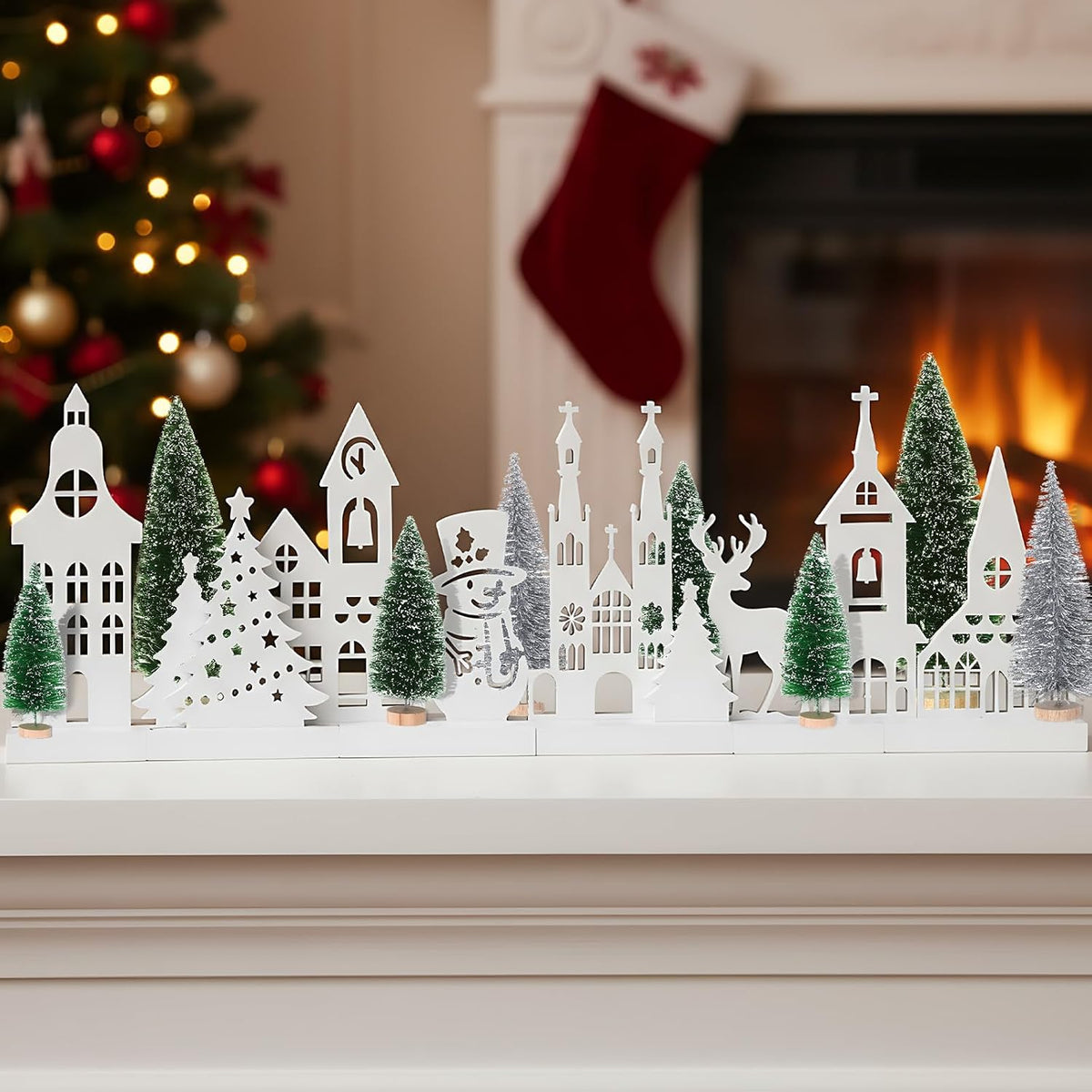 Kathfly 16 Pcs Christmas Village Set with Base Christmas Village Houses | Wooden Houses Tree, Elk ,Cedar Pine, Snowmen Farmhouse Tabletop Decor for Decorative Signs Plaques Centerpieces