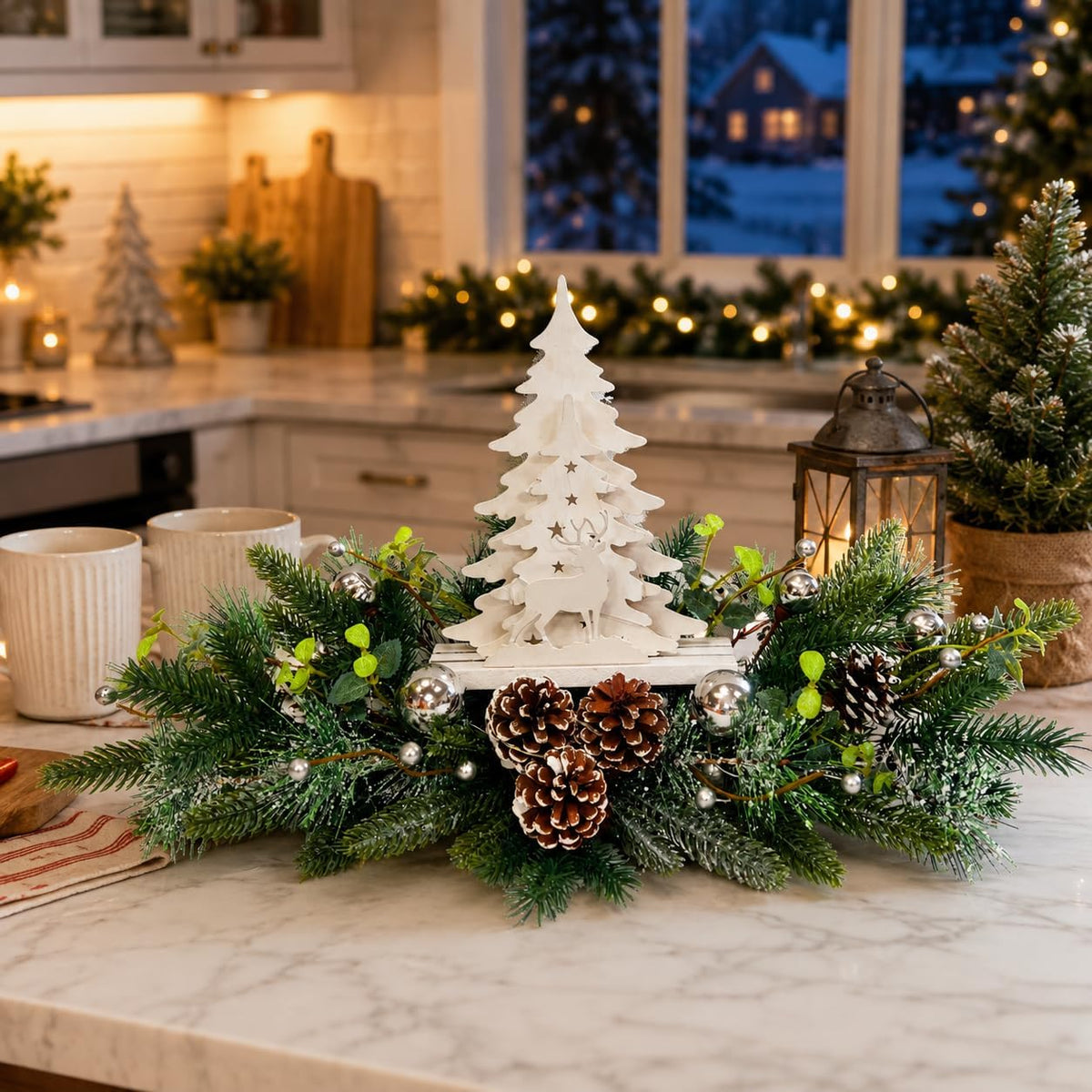 Svndlyn Silver White Pre-Lit Christmas Centerpiece with Woodland Scene | 20 Warm White LEDs, Timer, Frosted Pinecones and Silver Ornaments for Dining Table, Mantel or Console Display