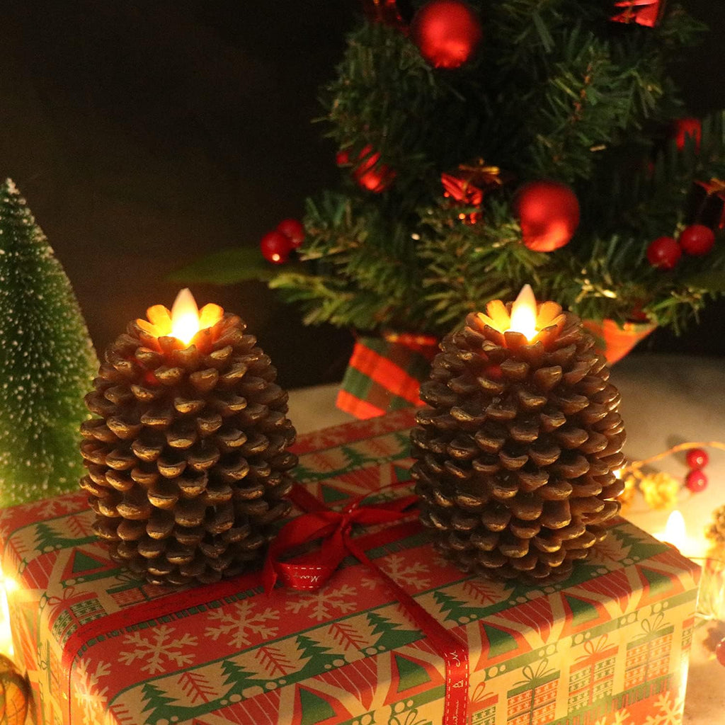 Wondise Pine Cone Flameless Flickering Candles with 6H Timer | Battery Operated Led Candles Real Wax Flicering Flame for Christmas Thanksgiving Fall Decor, Set of 2(Brown, 3.5 x 4.7 Inch)