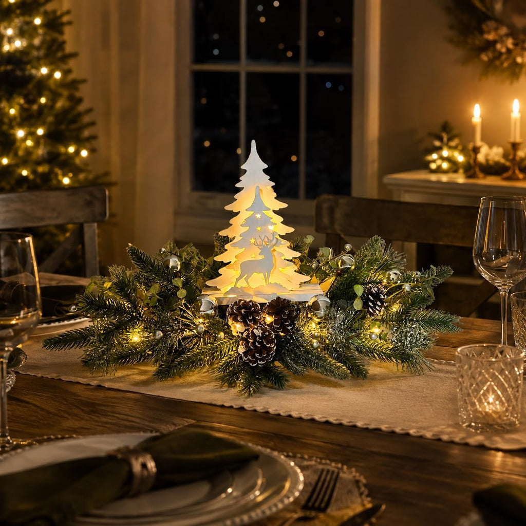 Svndlyn Silver White Pre-Lit Christmas Centerpiece with Woodland Scene | 20 Warm White LEDs, Timer, Frosted Pinecones and Silver Ornaments for Dining Table, Mantel or Console Display