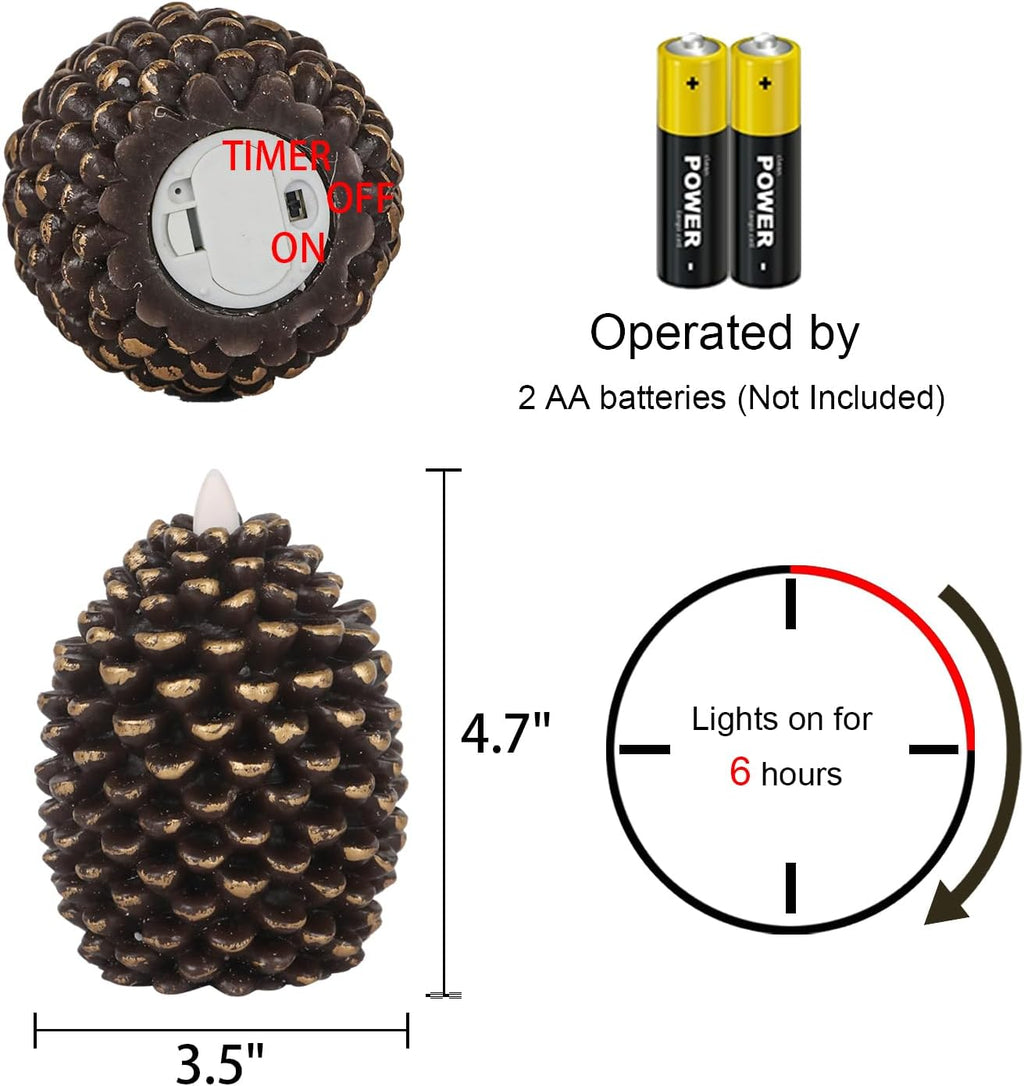 Wondise Pine Cone Flameless Flickering Candles with 6H Timer | Battery Operated Led Candles Real Wax Flicering Flame for Christmas Thanksgiving Fall Decor, Set of 2(Brown, 3.5 x 4.7 Inch)
