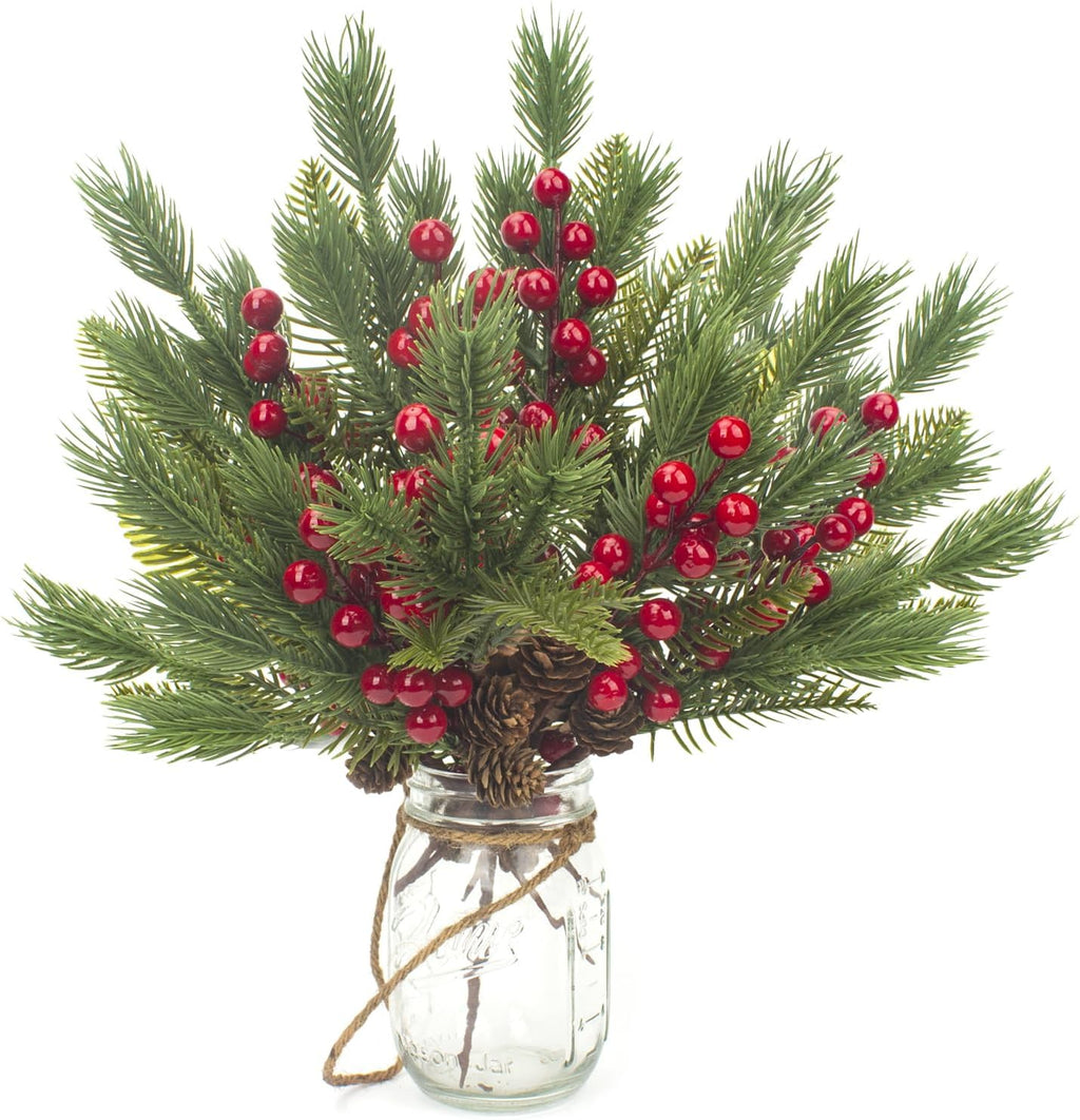 Grunyia 10 Pcs Artificial Pine Cone Picks and Red Berry Mini Artificial Pine Tree for Christmas Party Flower Wreaths and Holiday Decorations