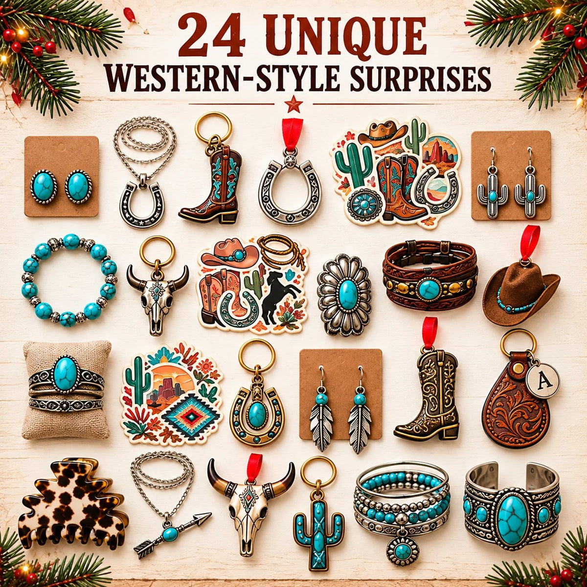 Flat lay of 24 western-style gifts inside the calendar: turquoise earrings, horseshoe charms, steer skull pendant, leather cuff and rodeo stickers