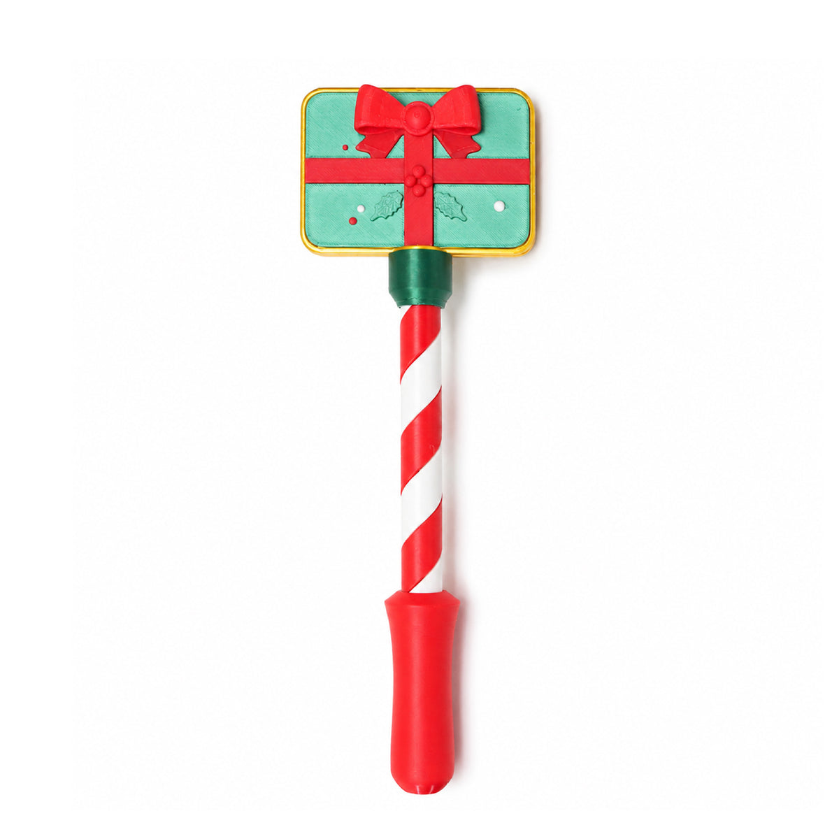 A wand card holder topped with a mint green gift box tied with a red ribbon, on a red and white striped handle