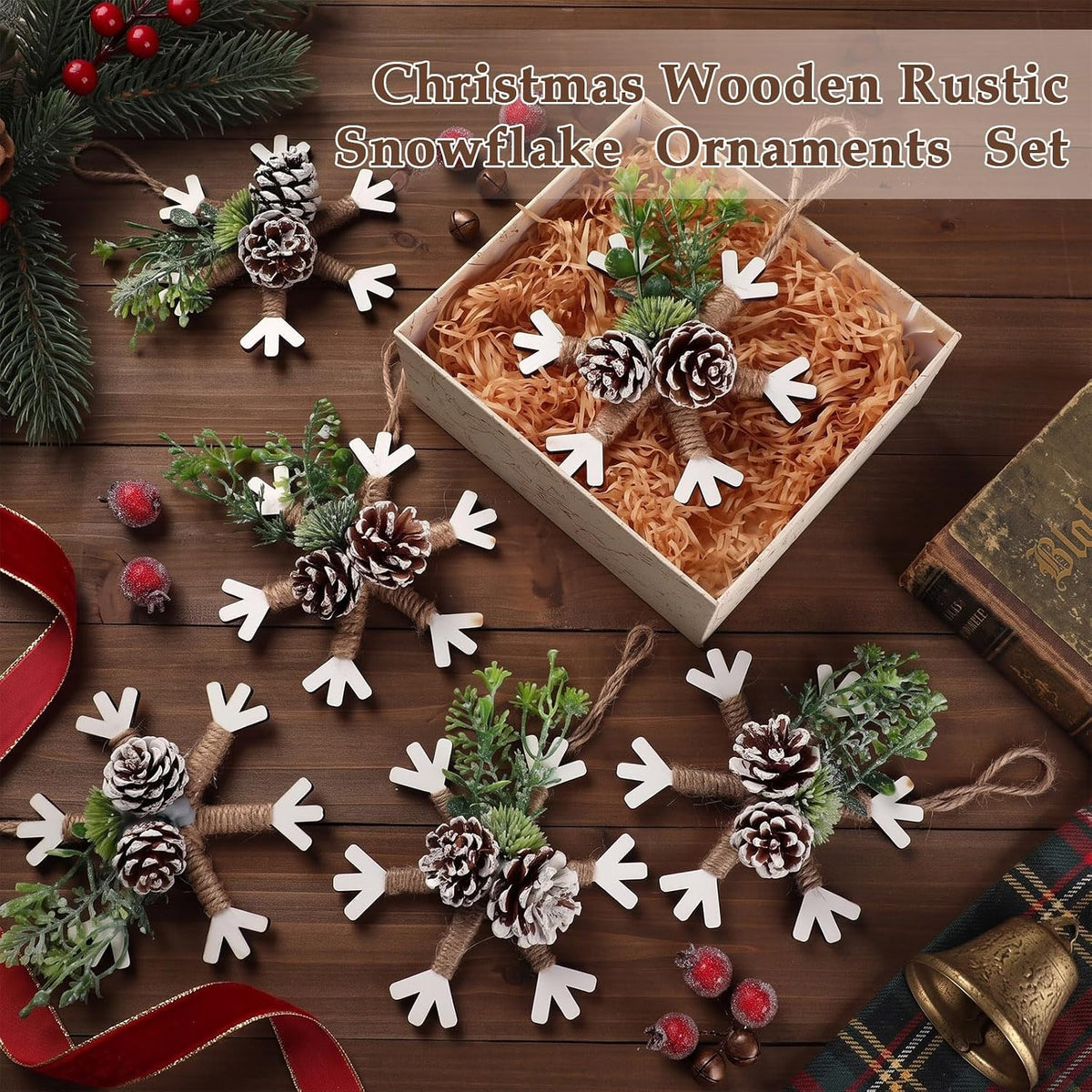 Yalikop 6 Pcs Large 5.9'' Christmas Snowflake Ornaments Rustic Wooden Decor | Farmhouse Snowflake Hanging with Pine Cone Mixed Greenery and Hemp Rope Xmas Decorations for Xmas Tree Mantle Fireplace