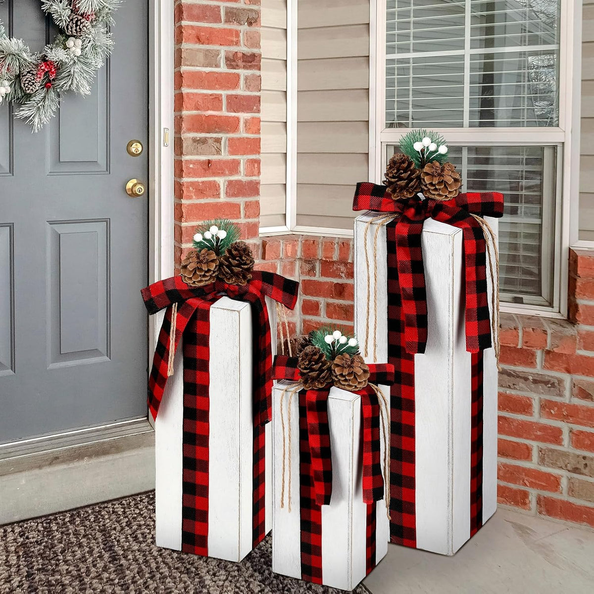 Huwena 3 Pcs Large Christmas Rustic Wood Presents 3 Sizes Christmas Table Centerpieces Christmas Tiered Tray Decor Gift Christmas Xmas Decor Wooden Faux Blocks with Buffalo Plaid Bowknot for Holiday
