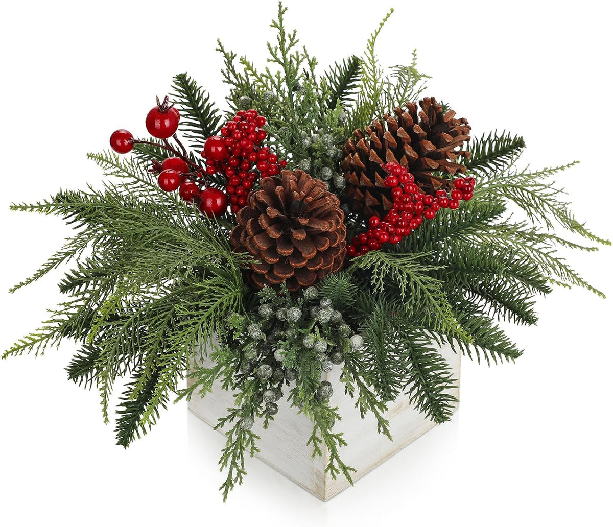 Christmas Centerpieces Table Decorations 10 Small Artificial Potted Christmas Tree Tabletop Pine Plants with Red Berry Pine Cones in Wooden Pot for Home Winter Xmas Mantel Farmhouse Indoor Decor