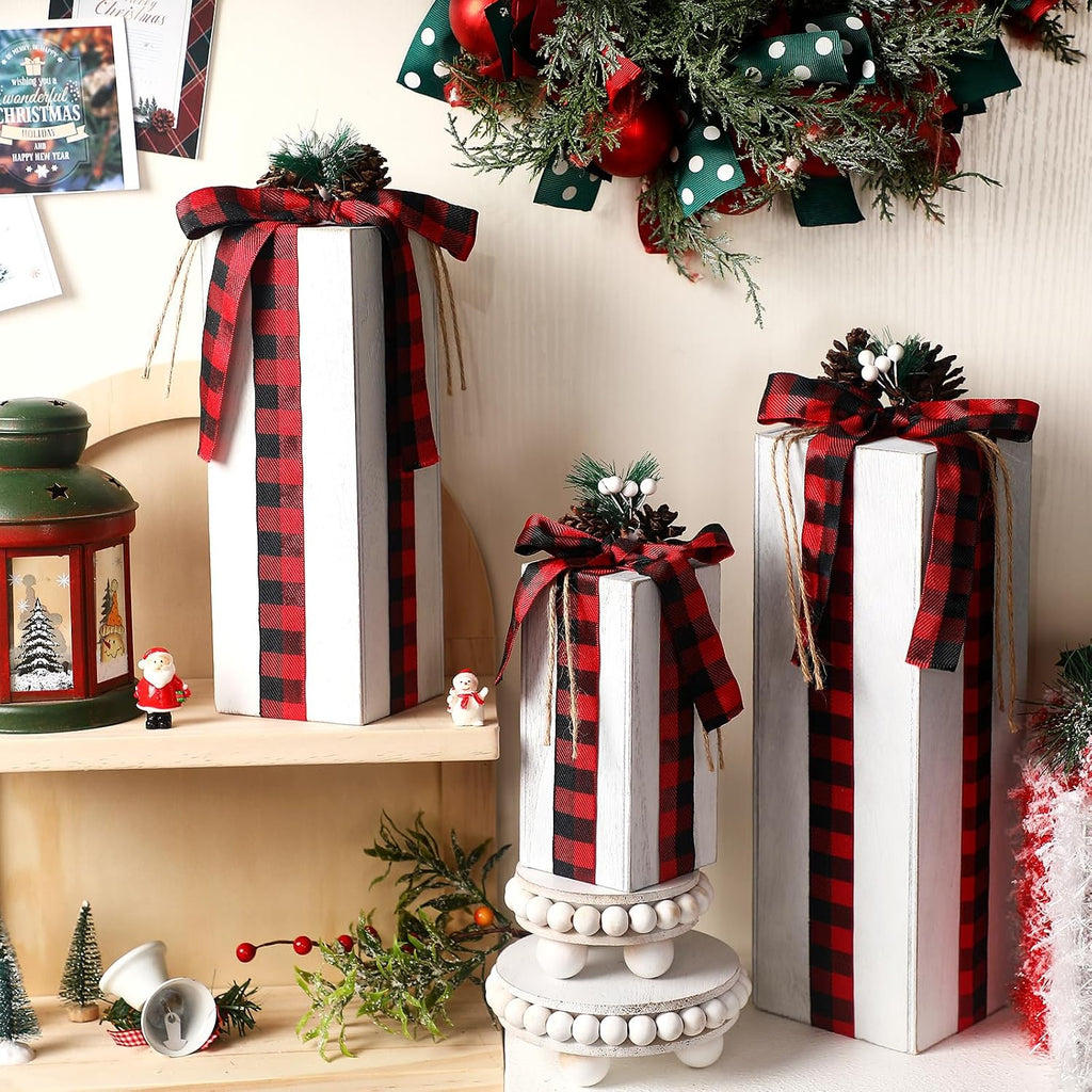 Huwena 3 Pcs Large Christmas Rustic Wood Presents 3 Sizes Christmas Table Centerpieces Christmas Tiered Tray Decor Gift Christmas Xmas Decor Wooden Faux Blocks with Buffalo Plaid Bowknot for Holiday