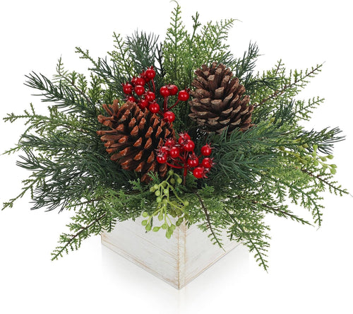 Christmas Centerpieces Table Decorations 10 Small Artificial Potted Christmas Tree Tabletop Pine Plants with Red Berry Pine Cones in Wooden Pot for Home Winter Xmas Mantel Farmhouse Indoor Decor