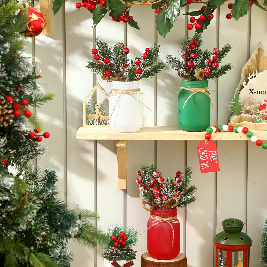 Karenhi 16 Pcs Christmas Mason Jar Centerpieces Pine Berries,Pine Needles | Red Green White Frosted Jars with Pinecones Garland Wooden Sign, Farmhouse Dining Kitchen Indoor Holiday Tabletop Decor Set