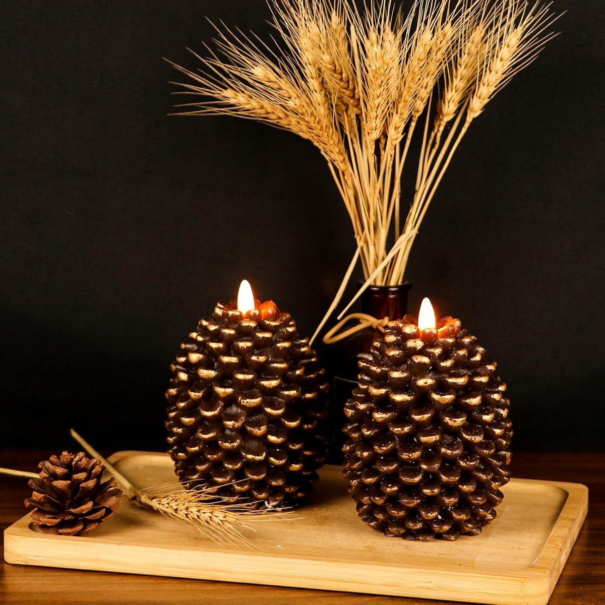 Wondise Pine Cone Flameless Flickering Candles with 6H Timer | Battery Operated Led Candles Real Wax Flicering Flame for Christmas Thanksgiving Fall Decor, Set of 2(Brown, 3.5 x 4.7 Inch)
