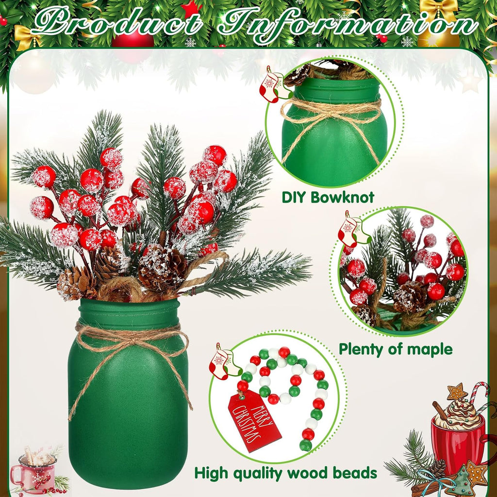 Karenhi 16 Pcs Christmas Mason Jar Centerpieces Pine Berries,Pine Needles | Red Green White Frosted Jars with Pinecones Garland Wooden Sign, Farmhouse Dining Kitchen Indoor Holiday Tabletop Decor Set