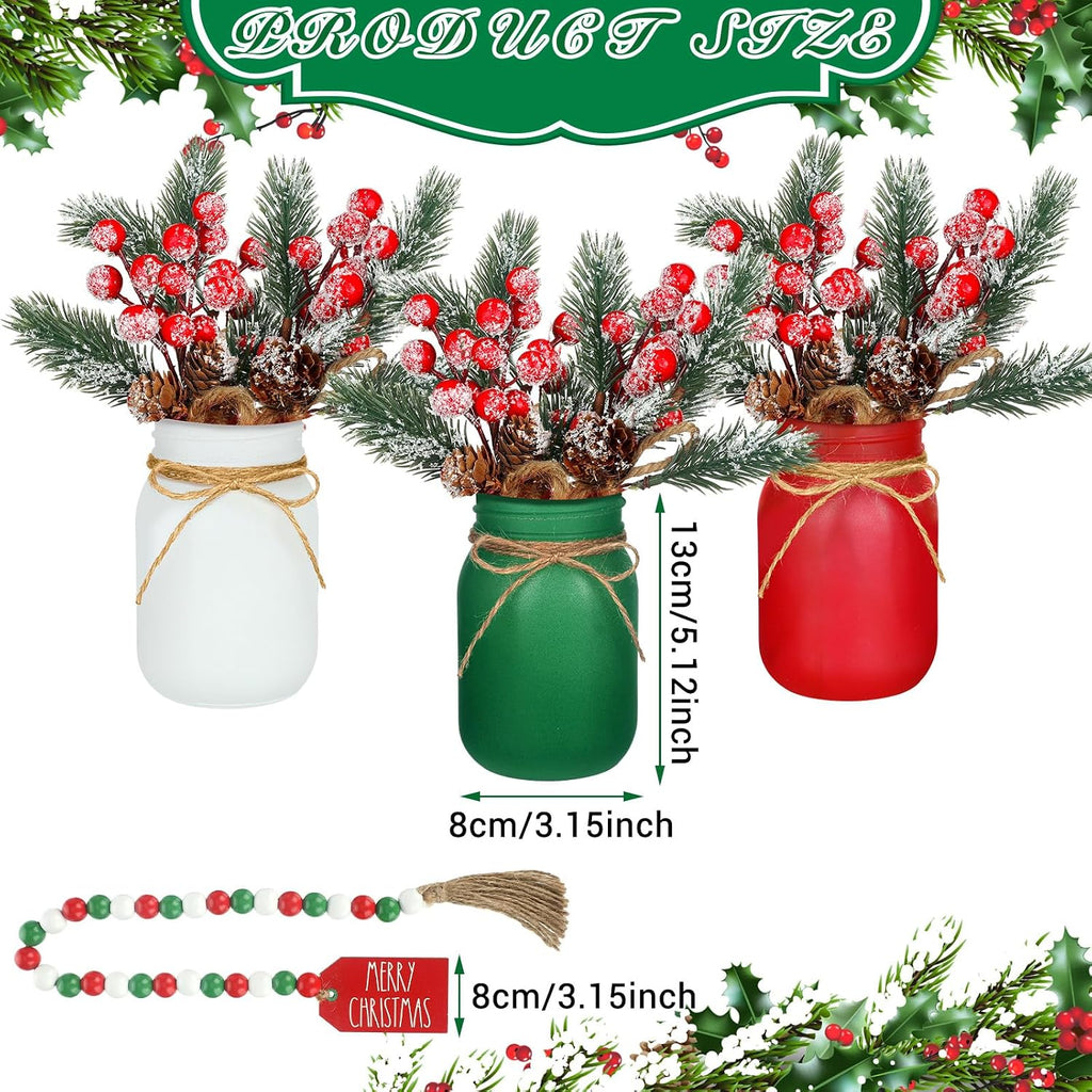 Karenhi 16 Pcs Christmas Mason Jar Centerpieces Pine Berries,Pine Needles | Red Green White Frosted Jars with Pinecones Garland Wooden Sign, Farmhouse Dining Kitchen Indoor Holiday Tabletop Decor Set