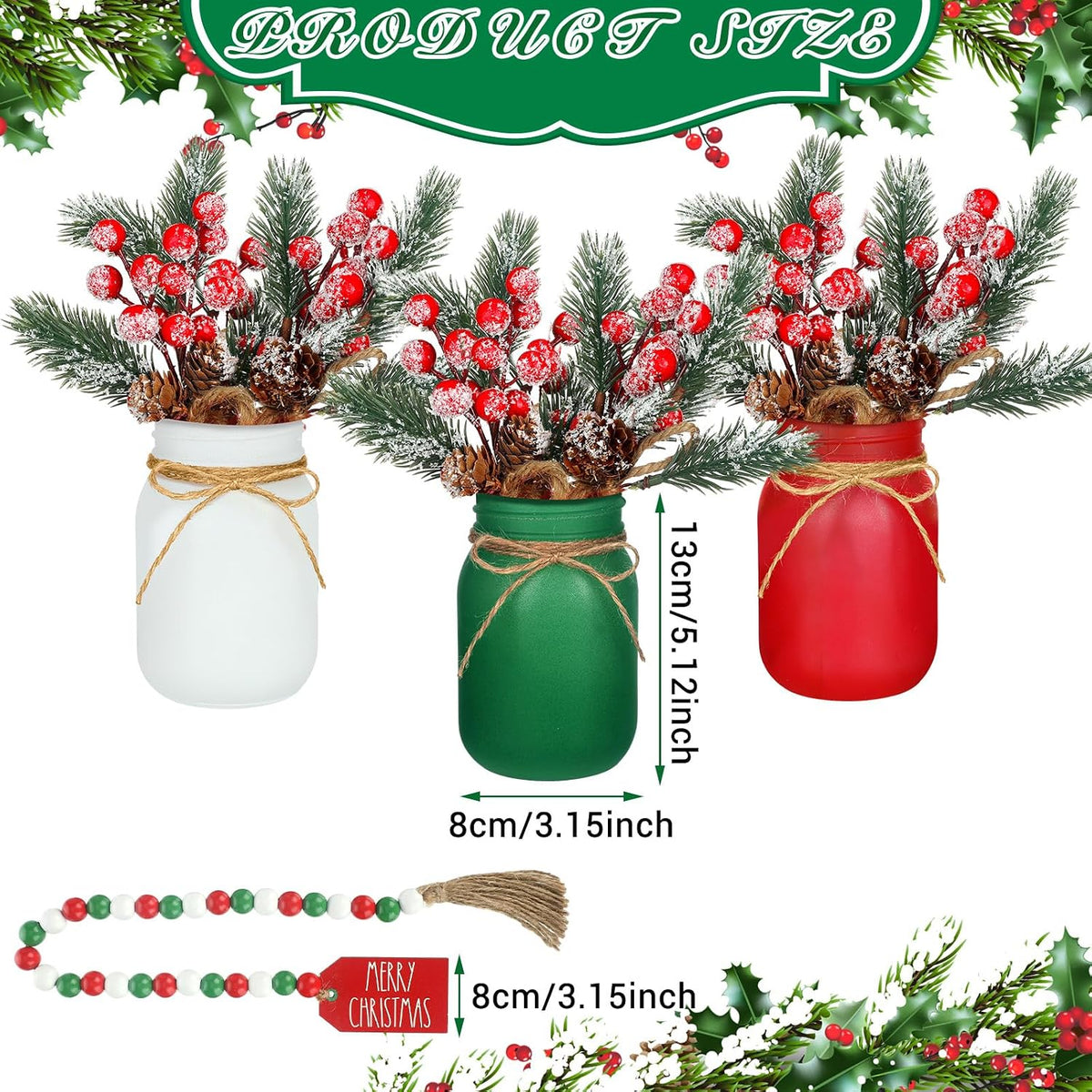 Karenhi 16 Pcs Christmas Mason Jar Centerpieces Pine Berries,Pine Needles | Red Green White Frosted Jars with Pinecones Garland Wooden Sign, Farmhouse Dining Kitchen Indoor Holiday Tabletop Decor Set