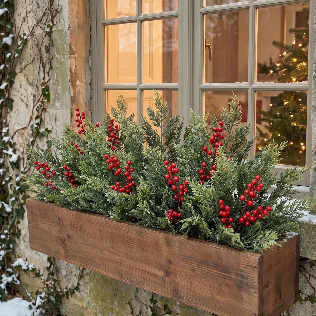Tigeen 16 Pcs Christmas Window Box Decorations, Cedar Picks with Pinecones | 18 Inch 2 Style Cedar Picks with 17.3 Inch Pine Cone Stems, Faux Evergreen Greenery Sprays for Xmas Planter, Porch, Vase