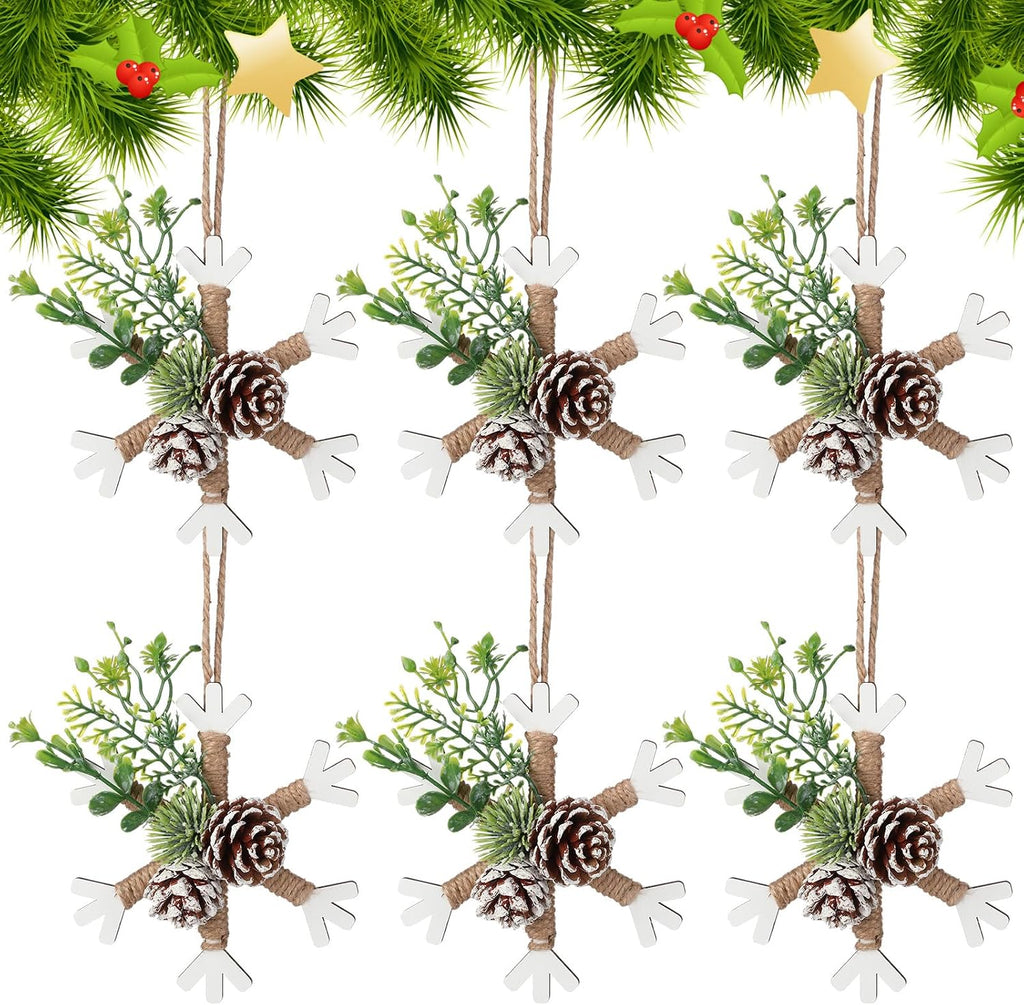 Yalikop 6 Pcs Large 5.9'' Christmas Snowflake Ornaments Rustic Wooden Decor | Farmhouse Snowflake Hanging with Pine Cone Mixed Greenery and Hemp Rope Xmas Decorations for Xmas Tree Mantle Fireplace