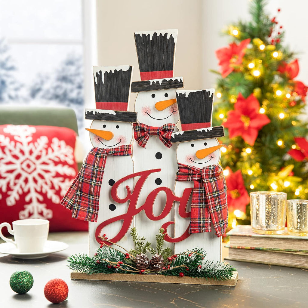 Glitzhome Christmas Table Decor Rustic Snowman Family Wooden Holiday Tabletop Centerpiece, 18 H
