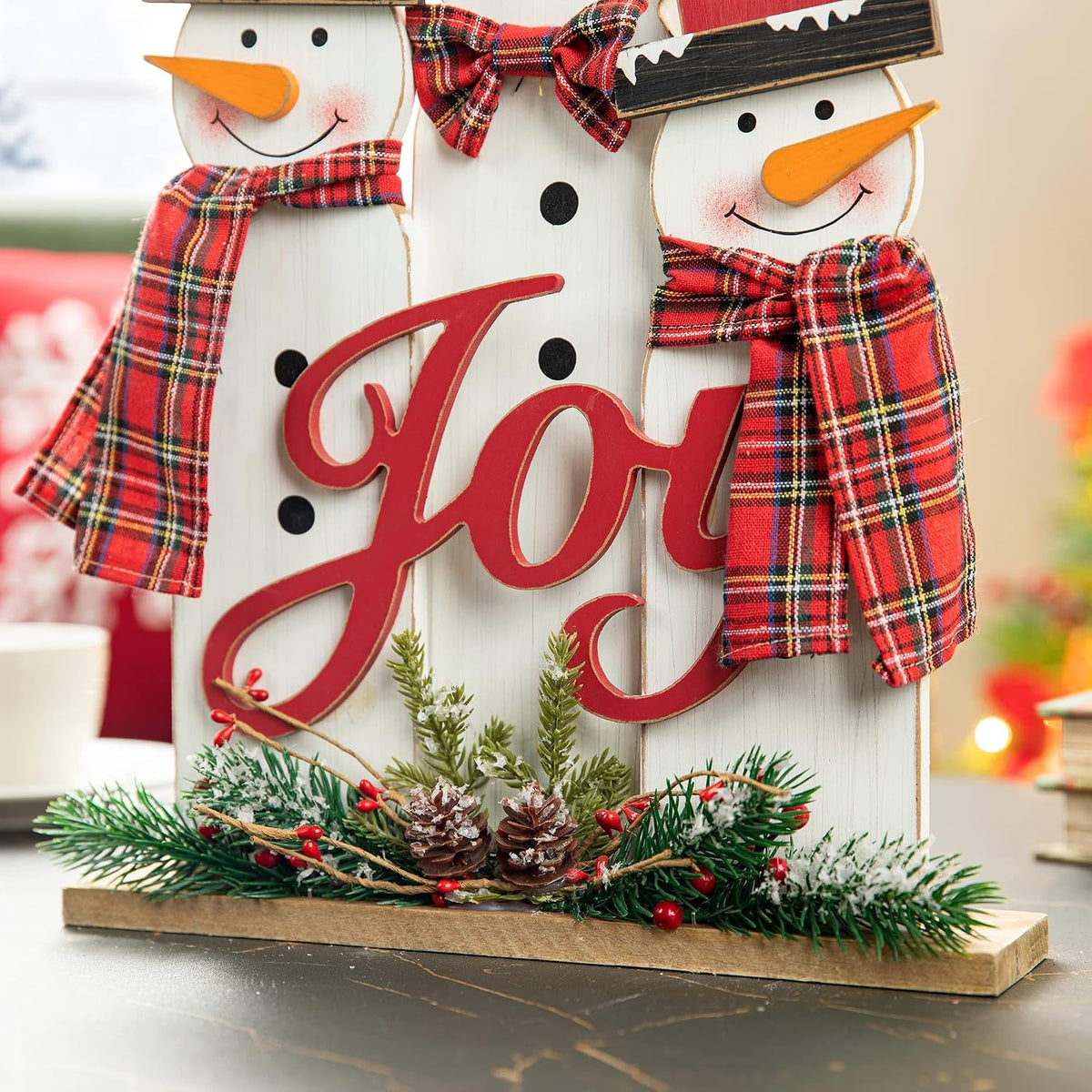 Glitzhome Christmas Table Decor Rustic Snowman Family Wooden Holiday Tabletop Centerpiece, 18 H