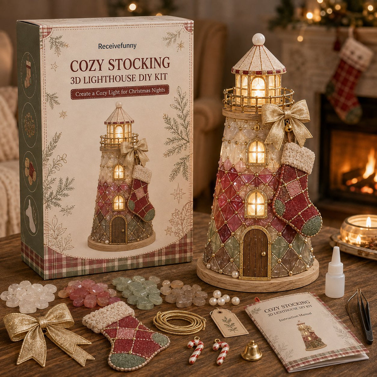 🎄Christmas Character Sea Glass-Style Lighthouse Kit Collection | Complete Kit with Sea Glass-Style Pieces, LED Lights & Step-by-Step Guide Included 💕