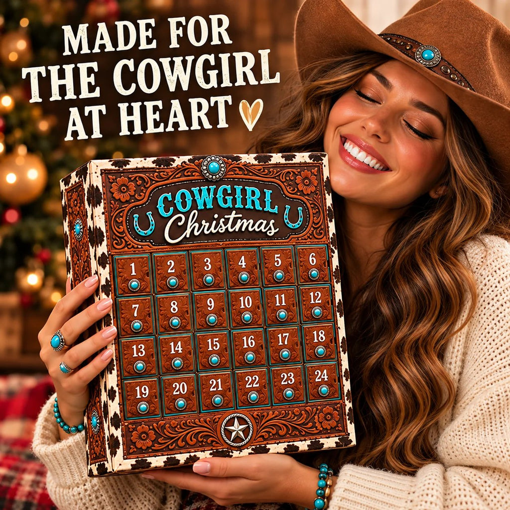 Smiling woman in a felt cowboy hat holding the cowgirl Christmas countdown calendar